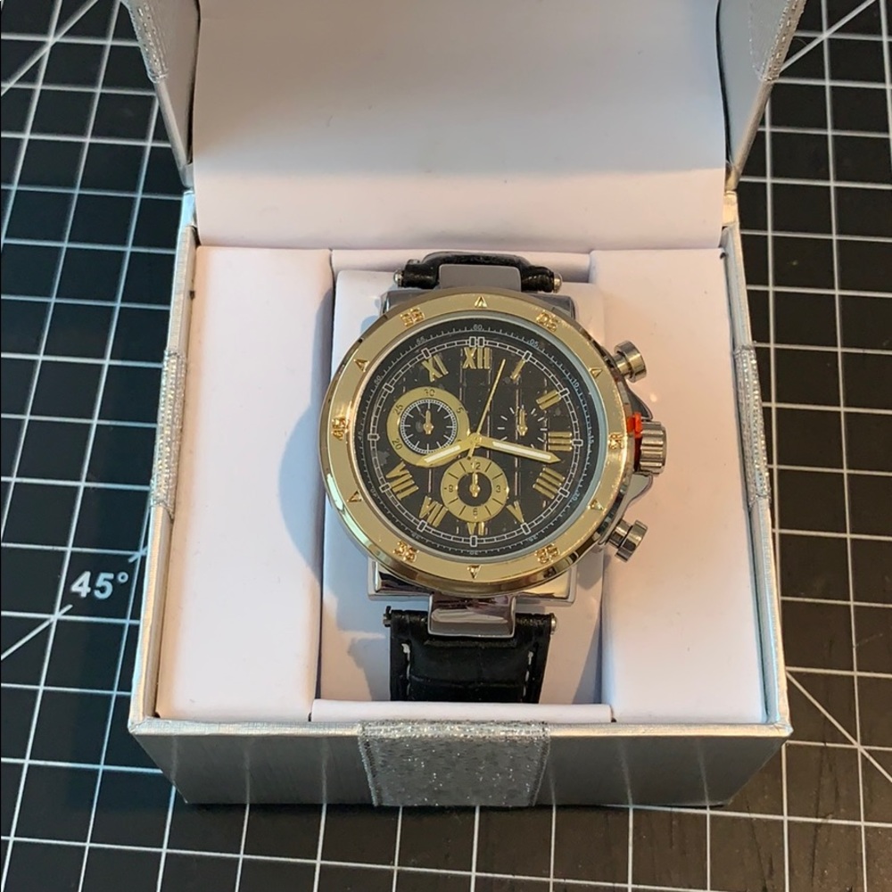 Men’s watch, faux leather band , black